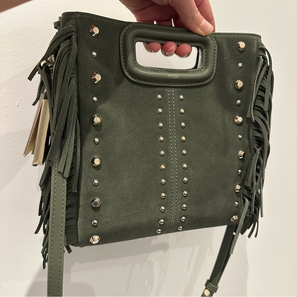 Maje Green Studded Fringed Suede M Bag - Picture 8 of 8
